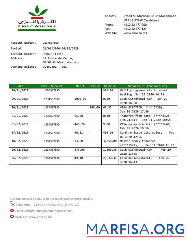 Realistic Morocco Credit Agricole bank statement excel sample